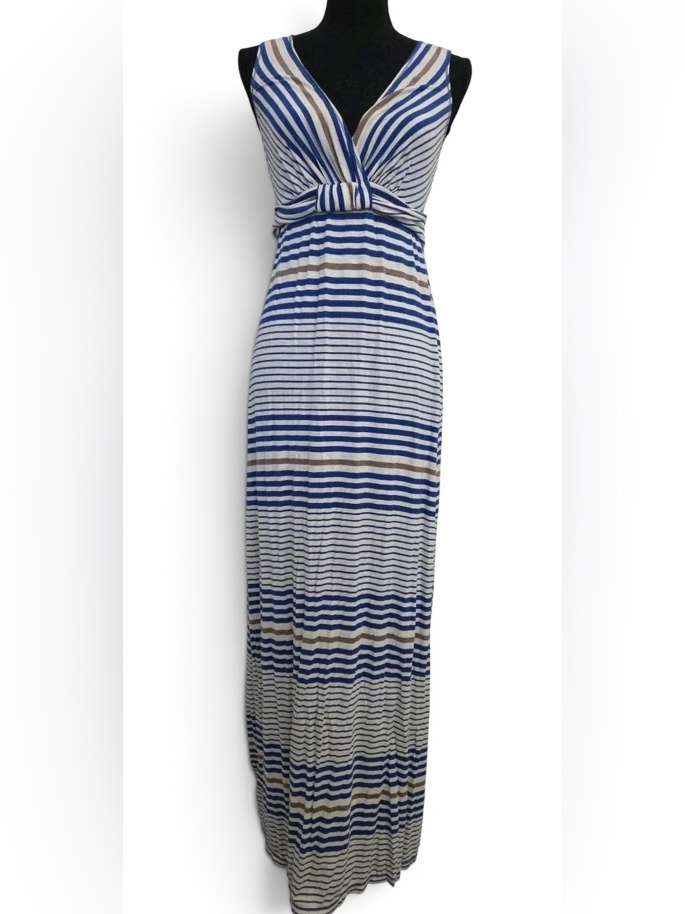 Studio M Navy, White & Tan Striped V-Neck Maxi Dress